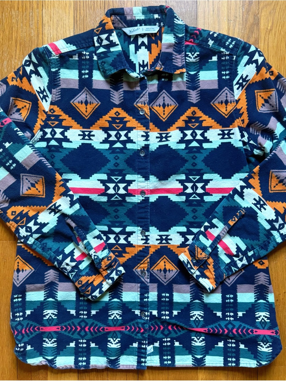 Woolrich Aztec Pattern Button-Down Shirt in Navy, Teal, Orange, Pink